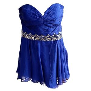 Blue beaded mini formal pleated prom homecoming strapless dress size 16